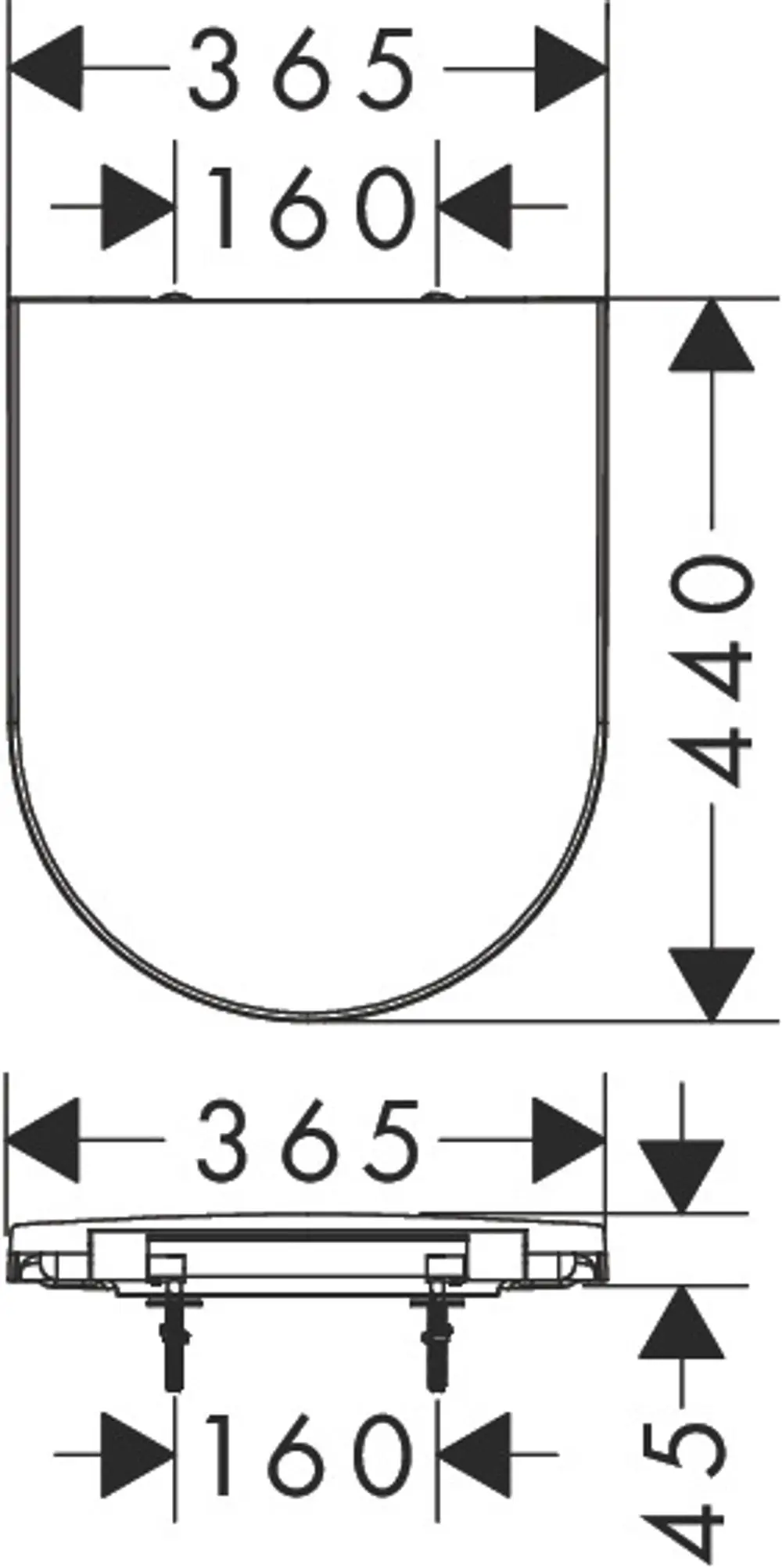 Weißer WC-Sitz mit ovaler Form. Zeichnung zeigt Maße und Installation. Konstruiert für den Einsatz mit Hansgrohe-Produkten.